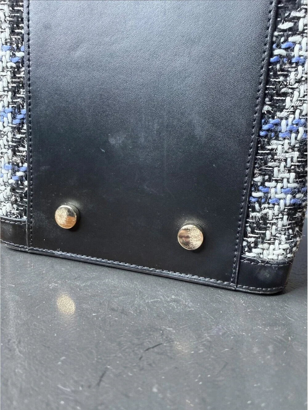 Kate Spade Manhattan Plaid Tweed Large Tote Black Blue Leather KI580 Crossbody